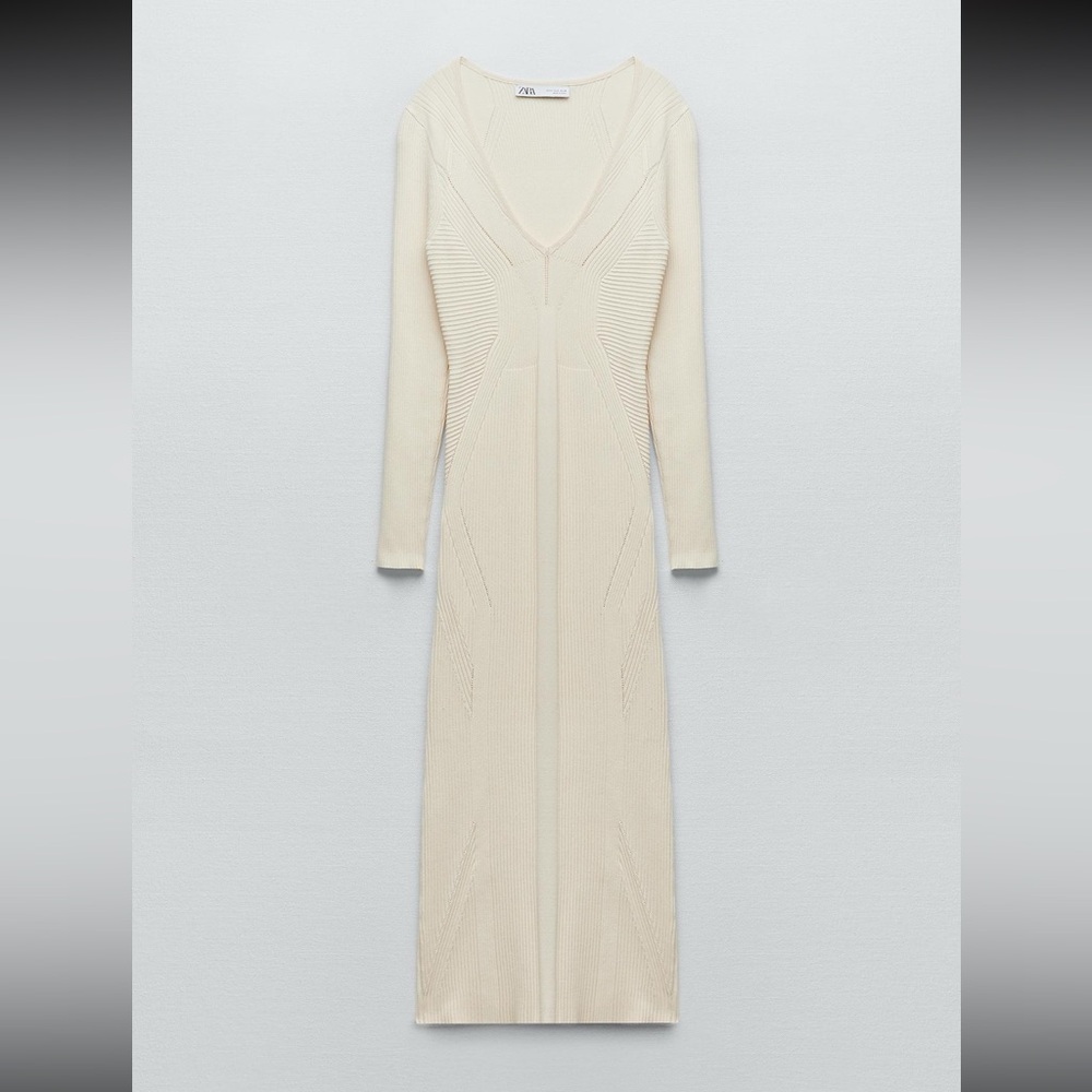 Zara Cream Long Sleeve Ribbed Knit Dress